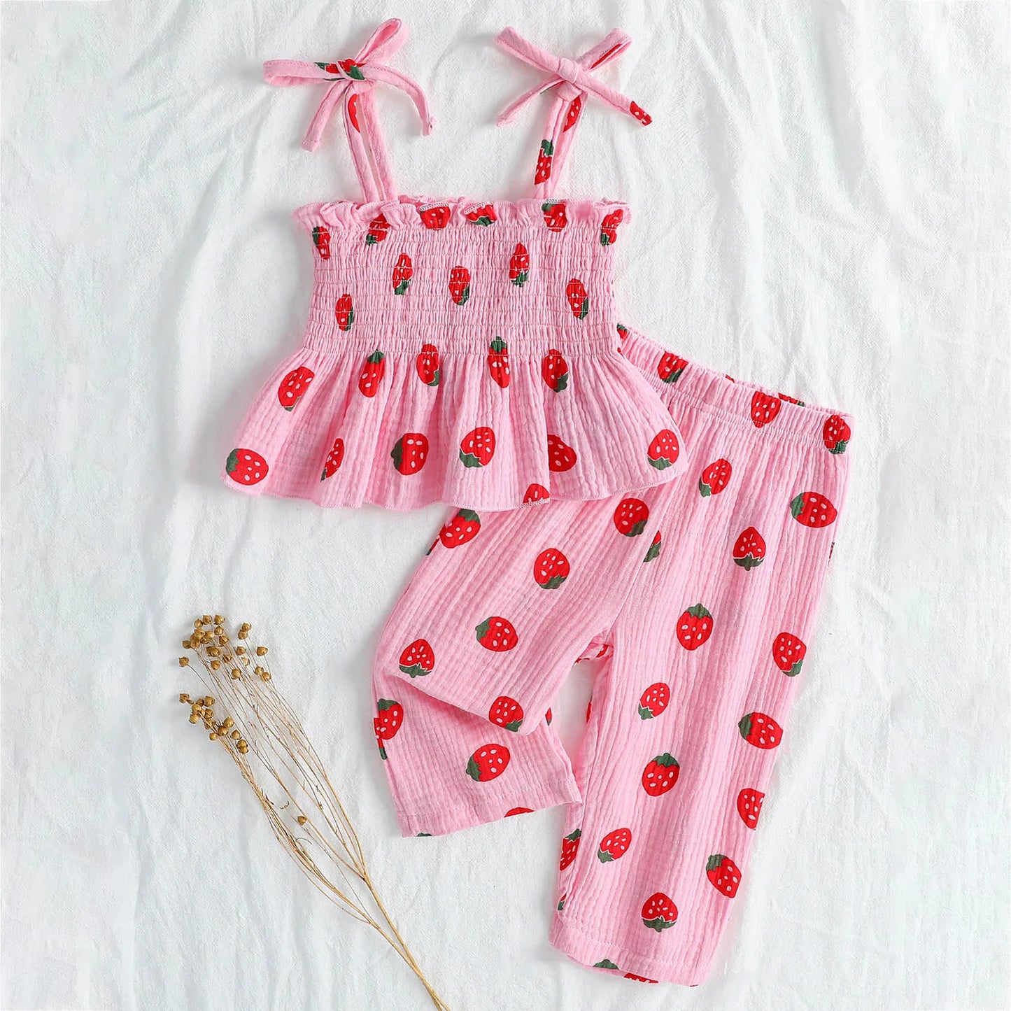 100% Cotton Pink Strawberry Print Smocked Top & Pants Set