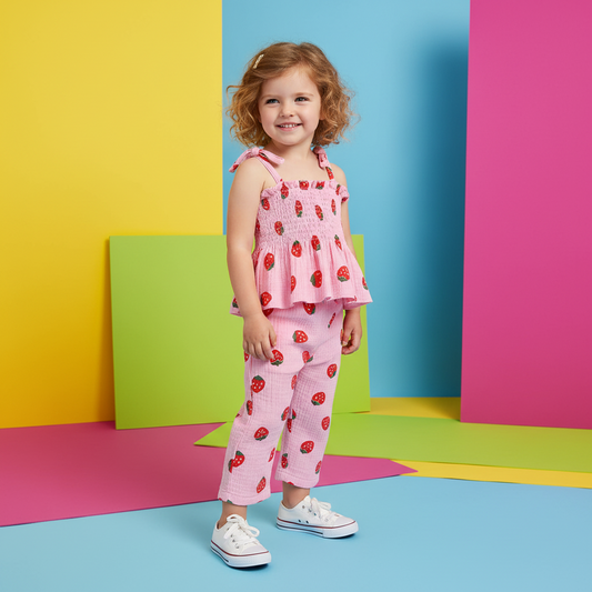 100% Cotton Pink Strawberry Print Smocked Top & Pants Set