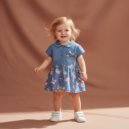 Denim Dress With Floral Skirt & Bow Detail
