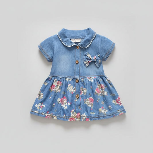 Denim Dress With Floral Skirt & Bow Detail