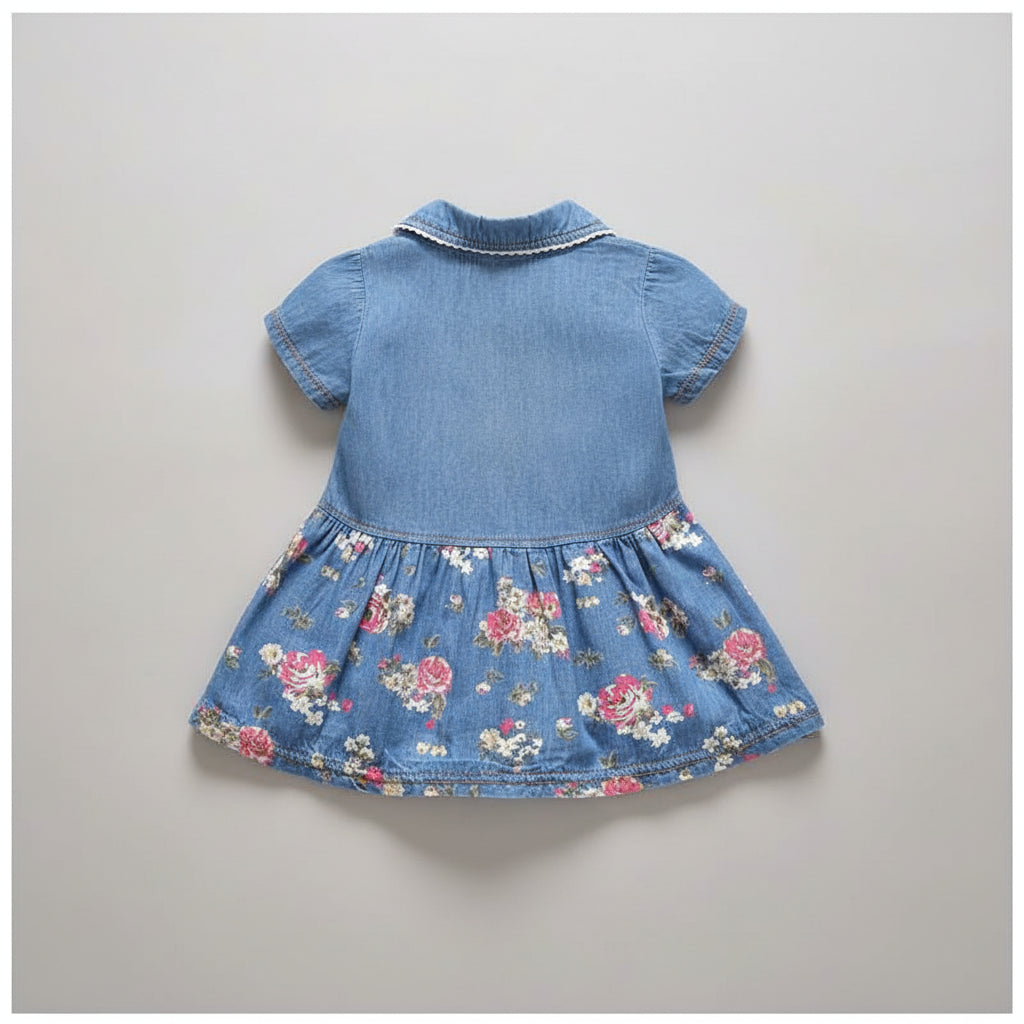 Denim Dress With Floral Skirt & Bow Detail