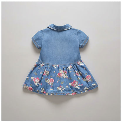 Denim Dress With Floral Skirt & Bow Detail