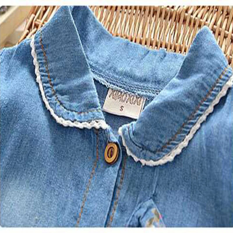 Denim Dress With Floral Skirt & Bow Detail
