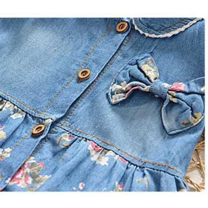 Denim Dress With Floral Skirt & Bow Detail