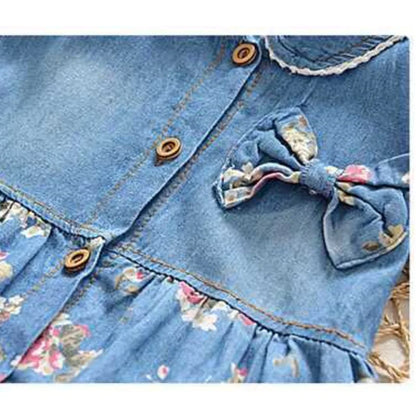 Denim Dress With Floral Skirt & Bow Detail