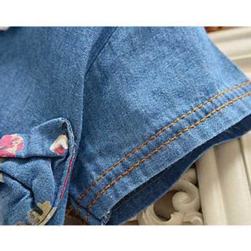 Denim Dress With Floral Skirt & Bow Detail