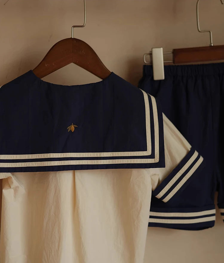 100% Cotton Sailor Collar Soft Cotton Navy Outfit Set