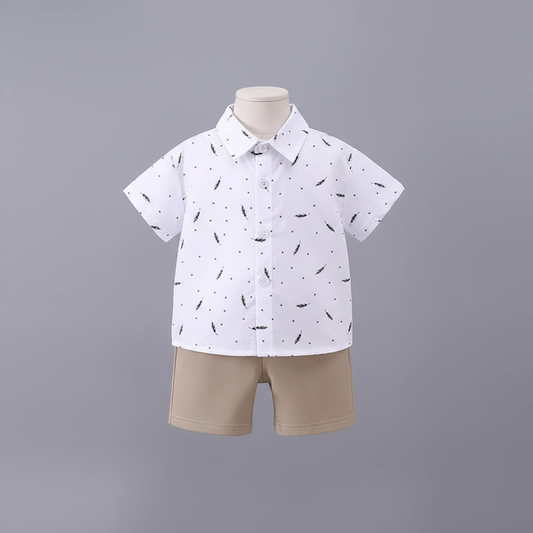Short Sleeve Shirt & Beige Elastic Shorts Set