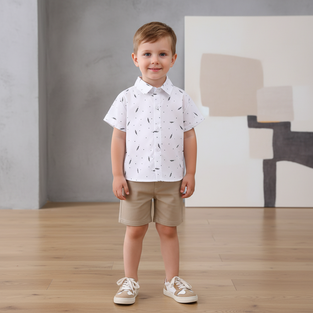 Ewapi baby short sleeve beige shirt with elastic shorts set, suitable for 6-12 months, casual and comfortable for young children.
