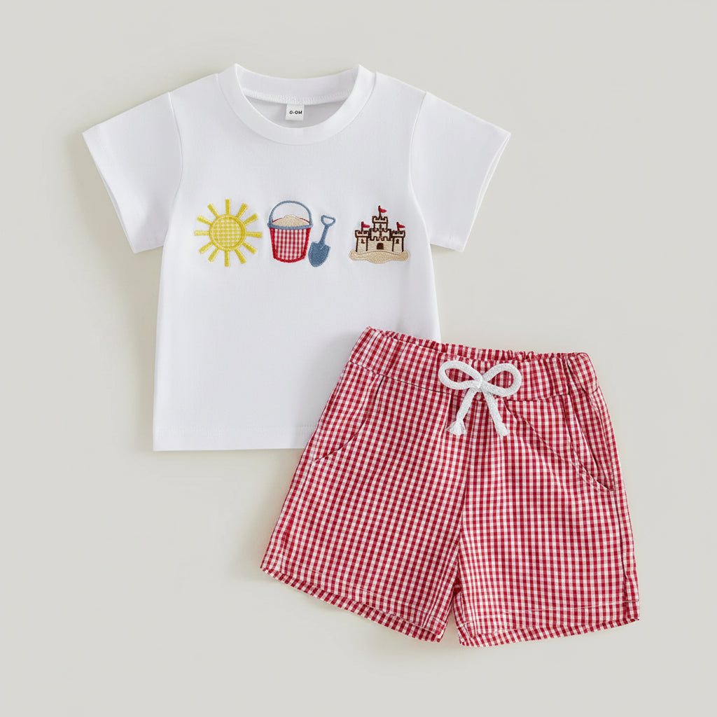 Cotton Sun Bucket Shovel Embroidered Tee & Red Gingham Shorts