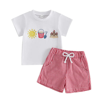 Cotton Sun Bucket Shovel Embroidered Tee & Red Gingham Shorts