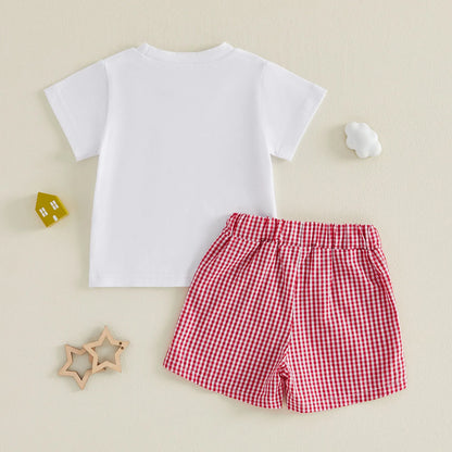 Cotton Sun Bucket Shovel Embroidered Tee & Red Gingham Shorts