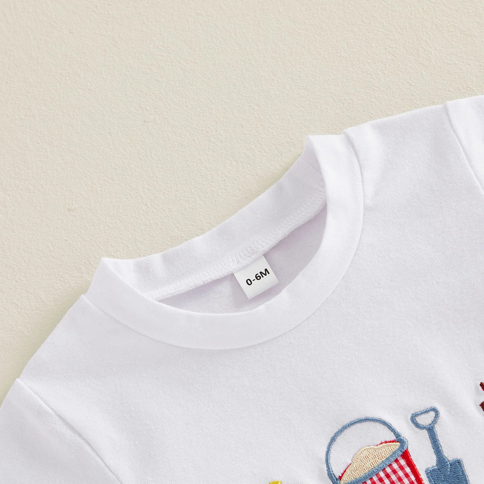 Cotton Sun Bucket Shovel Embroidered Tee & Red Gingham Shorts