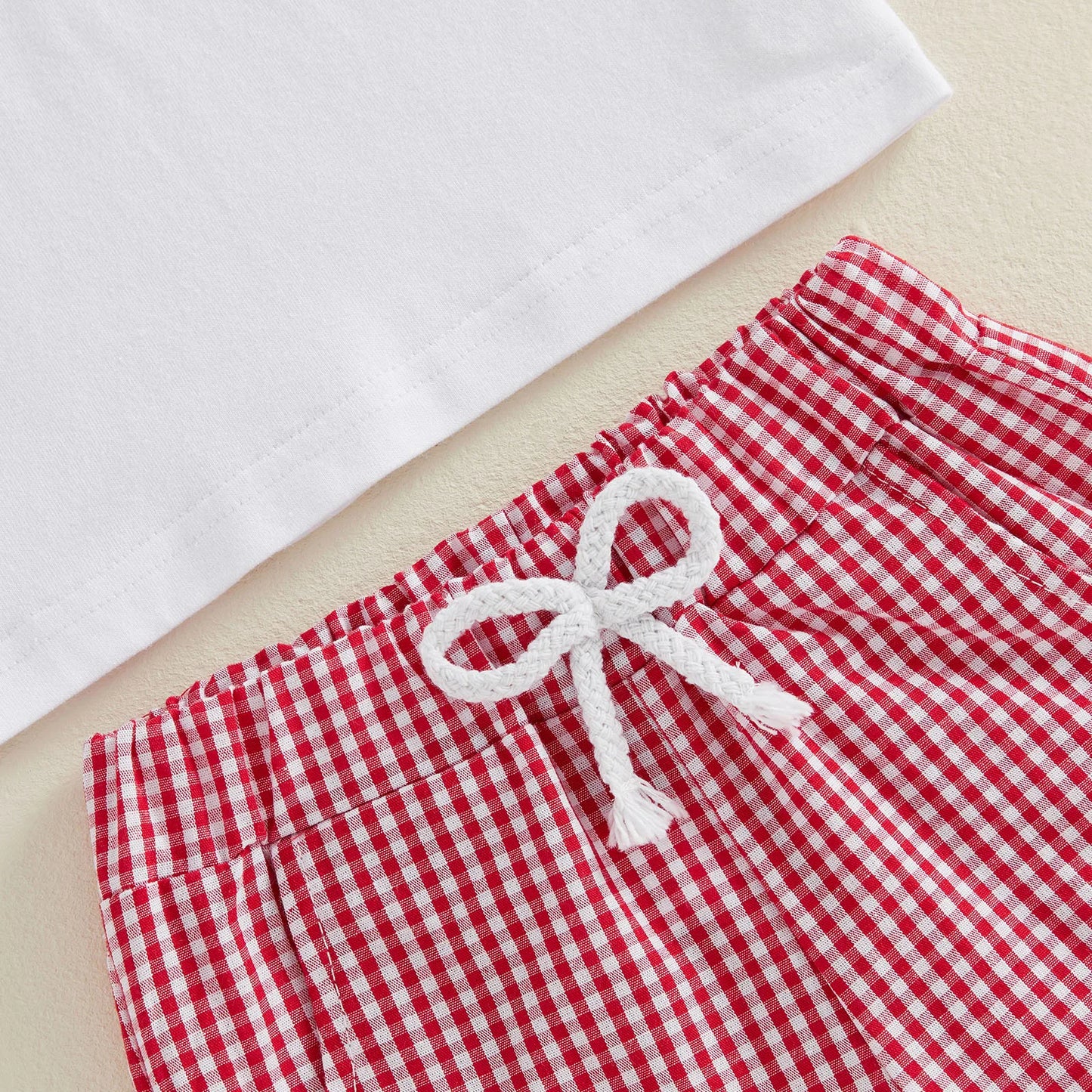 Cotton Sun Bucket Shovel Embroidered Tee & Red Gingham Shorts