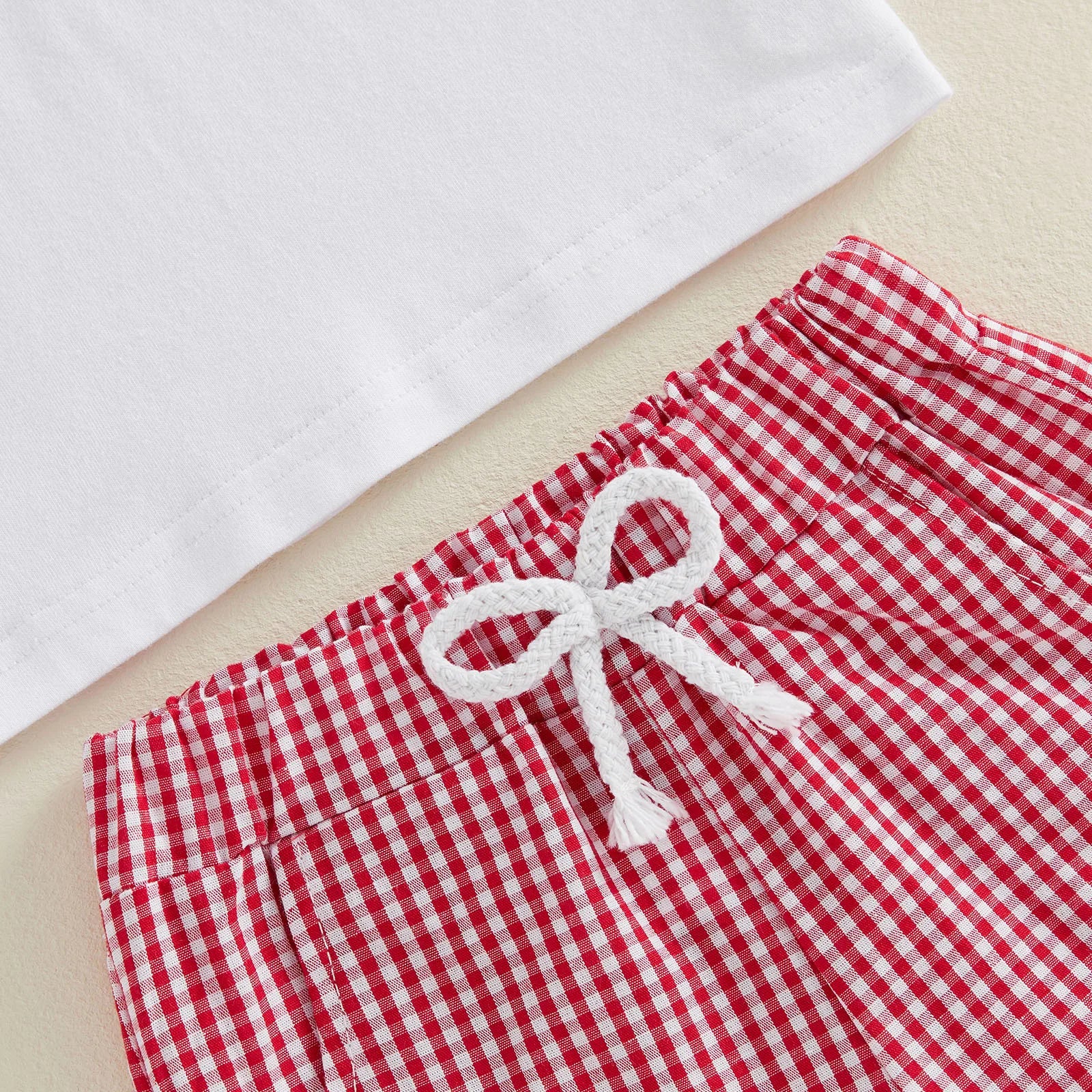 Cotton Sun Bucket Shovel Embroidered Tee & Red Gingham Shorts