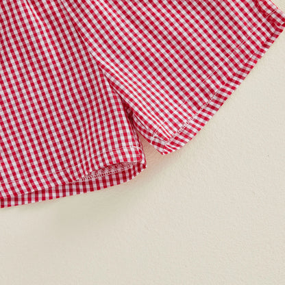 Cotton Sun Bucket Shovel Embroidered Tee & Red Gingham Shorts