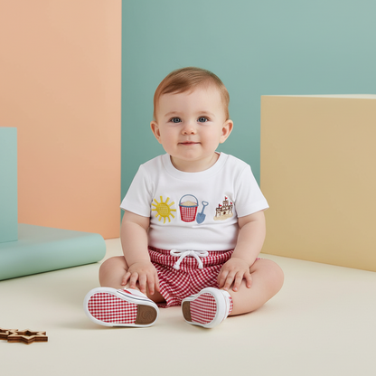 Cotton Sun Bucket Shovel Embroidered Tee & Red Gingham Shorts