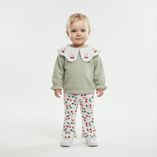 Ewapi Cherry Lapel sweatshirt and pants set for toddlers, featuring a cozy cherry print design and soft fabric.