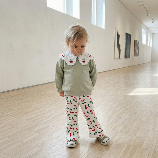 Ewapi Cherry Lapel sweatshirt and pants set for babies, featuring a cute cherry print and comfortable fabric.