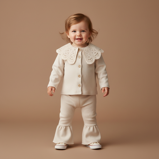 Cream Crochet Collar Cardigan & Flared Pants Set