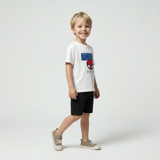 Cotton Spider-Man White Tee & Black Shorts Set