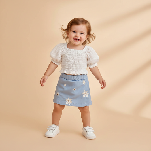White Puff Sleeve Top & Blue Embroidered Skort Set