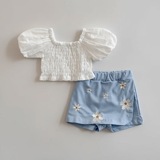 White Puff Sleeve Top & Blue Embroidered Skort Set