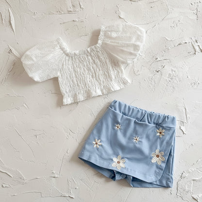 White Puff Sleeve Top & Blue Embroidered Skort Set