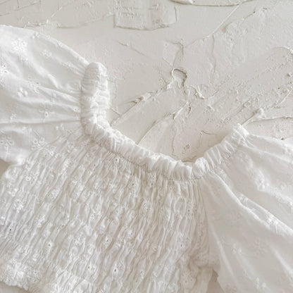 White Puff Sleeve Top & Blue Embroidered Skort Set