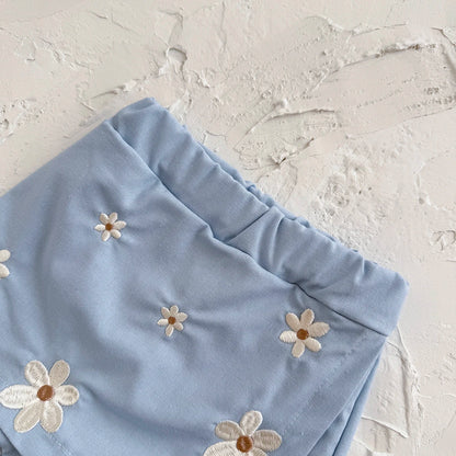 White Puff Sleeve Top & Blue Embroidered Skort Set