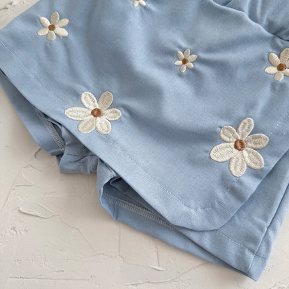 White Puff Sleeve Top & Blue Embroidered Skort Set