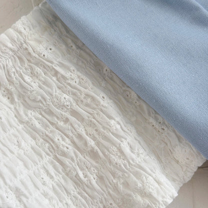 White Puff Sleeve Top & Blue Embroidered Skort Set