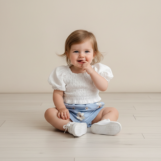 White puff sleeve top and blue embroidered skort set by Ewapi, with ruffled sleeves and floral embroidery, perfect for summer wear.
