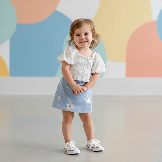 White puff sleeve top with blue embroidered skort set for baby girls, stylish and comfortable by Ewapi.
