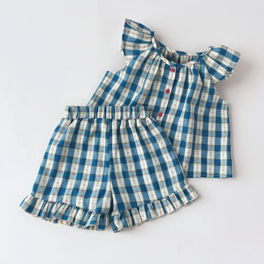 100% Cotton Blue Check Ruffle Sleeve Top & Shorts Set