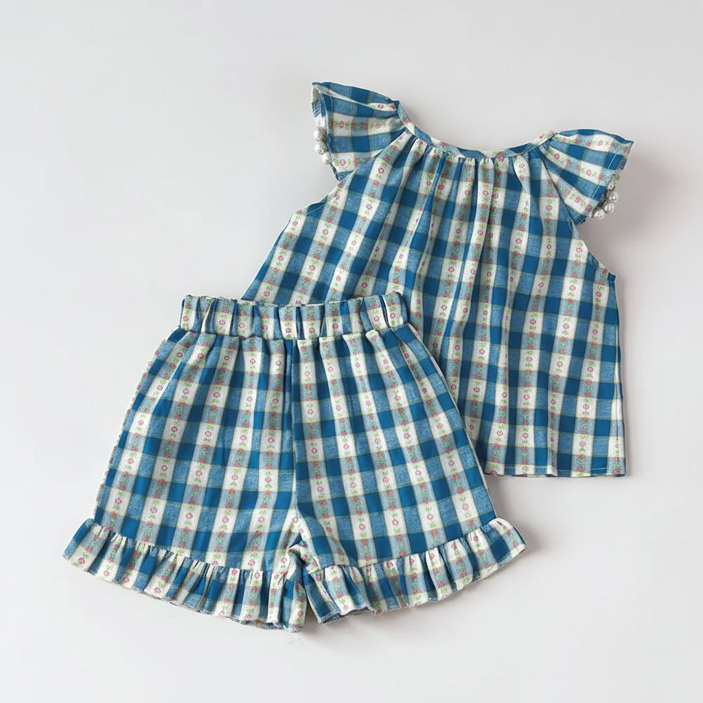 100% Cotton Blue Check Ruffle Sleeve Top & Shorts Set