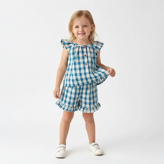 100% Cotton Blue Check Ruffle Sleeve Top & Shorts Set