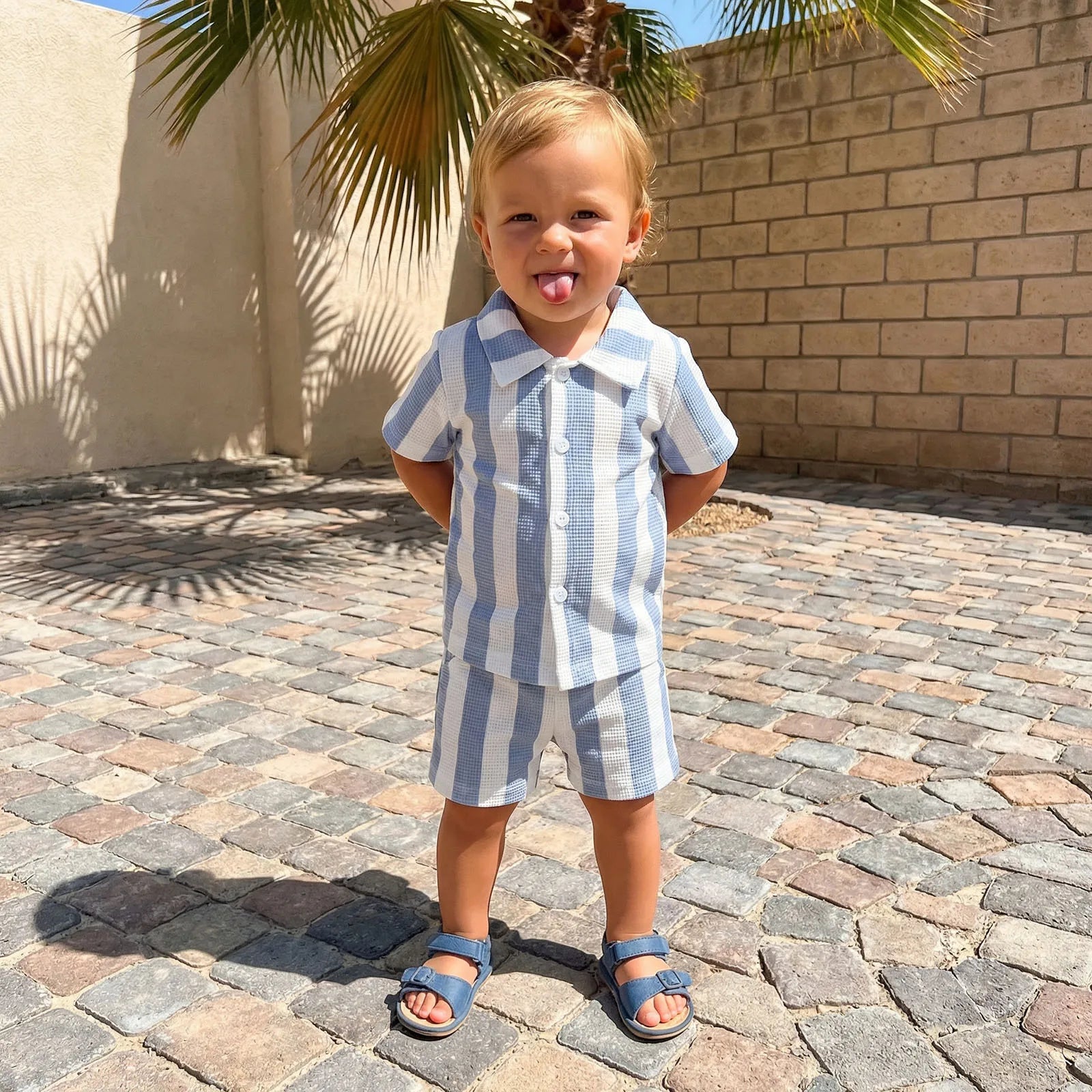 Blue White Striped Button Shirt & Shorts Set