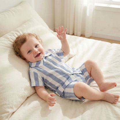 Blue White Striped Button Shirt & Shorts Set