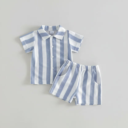 Blue White Striped Button Shirt & Shorts Set