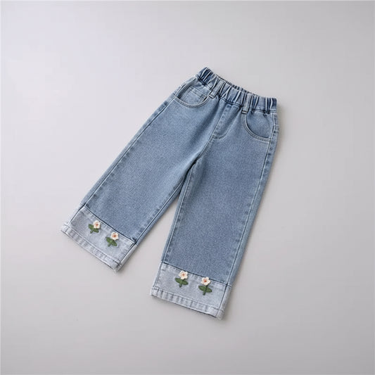 Cute Embroidered Flowers Wide Leg Jeans Pants