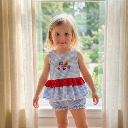 Gingham Peplum Top & Shorts Set With Flag Embroidery
