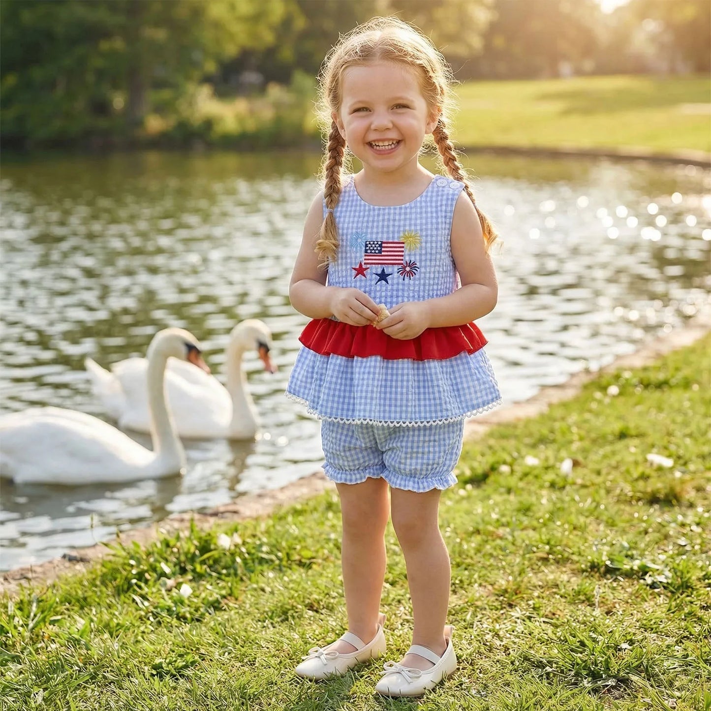 Gingham Peplum Top & Shorts Set With Flag Embroidery
