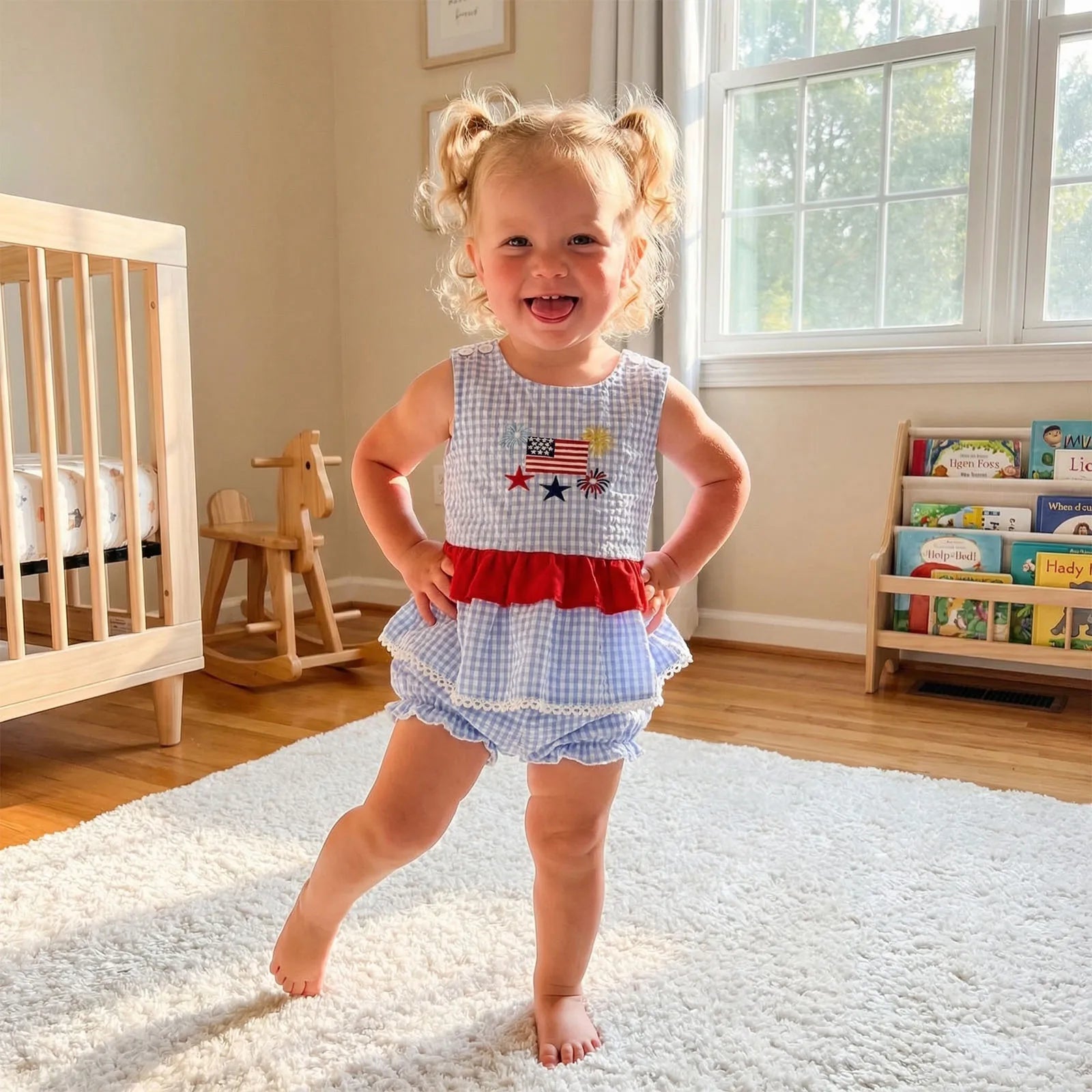 Gingham Peplum Top & Shorts Set With Flag Embroidery