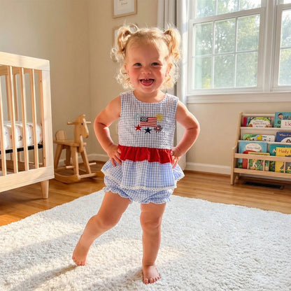 Gingham Peplum Top & Shorts Set With Flag Embroidery