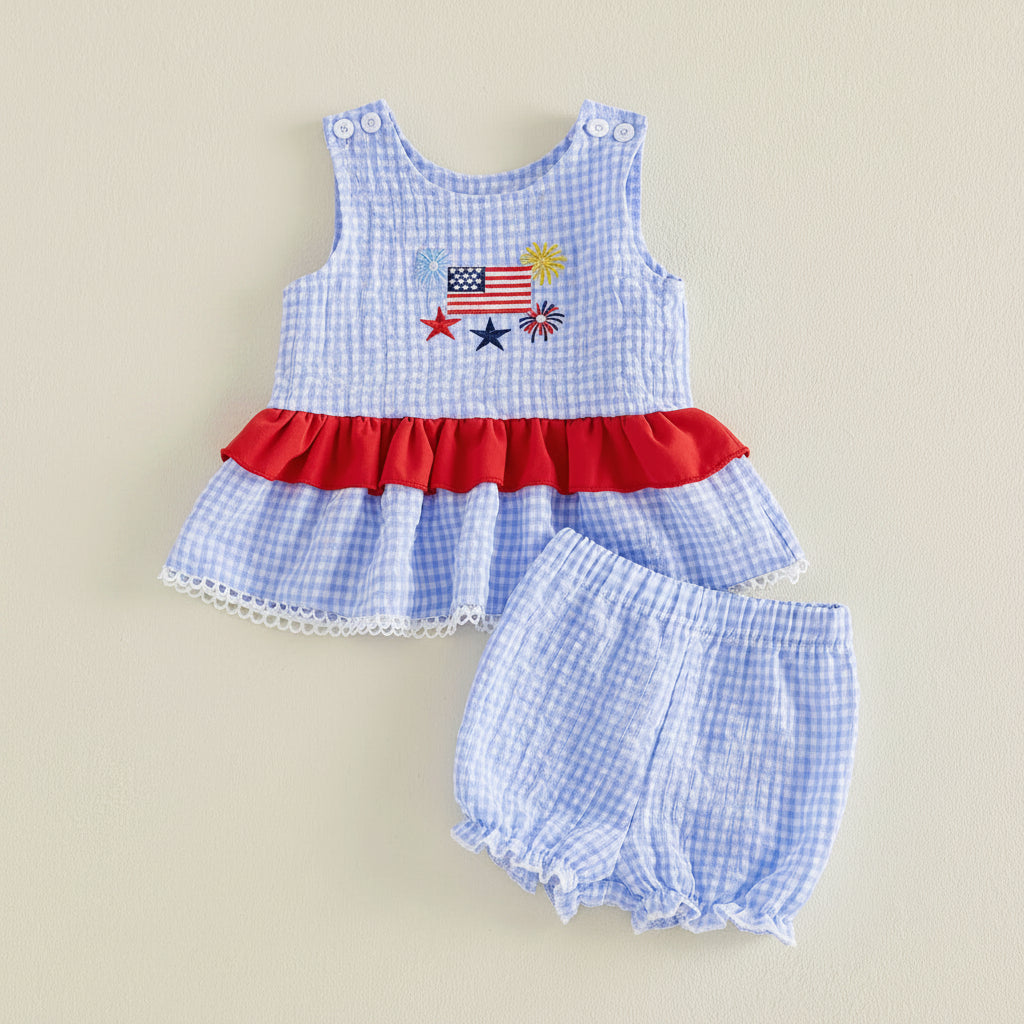 Gingham Peplum Top & Shorts Set With Flag Embroidery
