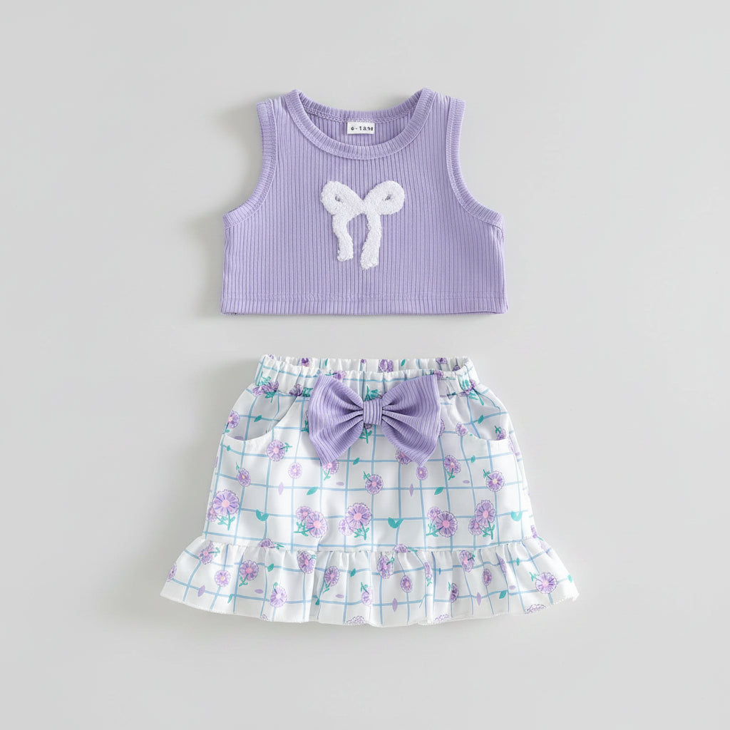 Lilac Ribbed Bow Crop Top & Floral Print Skirt Set