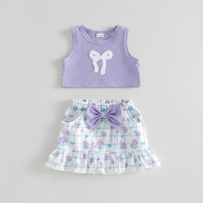 Lilac Ribbed Bow Crop Top & Floral Print Skirt Set