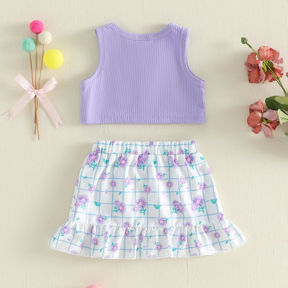 Lilac Ribbed Bow Crop Top & Floral Print Skirt Set