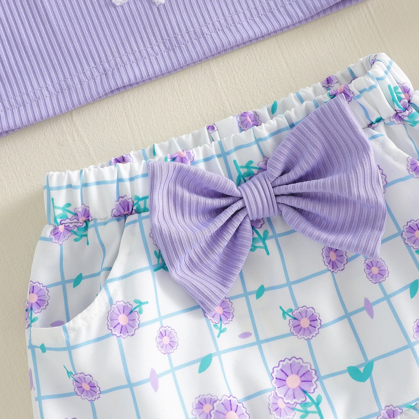 Lilac Ribbed Bow Crop Top & Floral Print Skirt Set